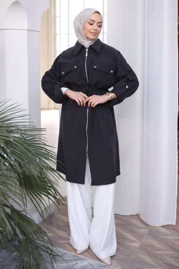 Siyah Bel Kuşaklı Çift Cepli Gabria Kap