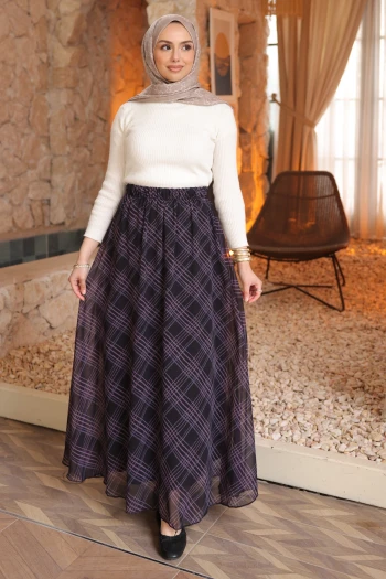 Siyah Bel Lastikli Astarlı Şifon Etek