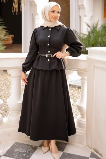 Siyah Bel Pens Dikişli Dabıl Gömlek Etekli Takım