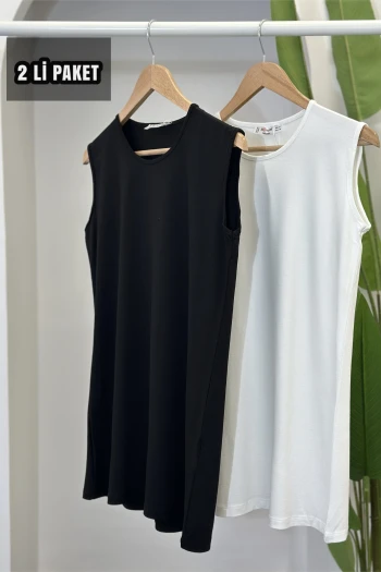 2'li Paket Siyah Beyaz Sıfır Kol Penye İçlik Tunik