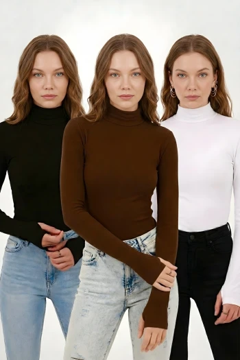 Siyah-Beyaz-Kahve 3'lü Paket Parmak Geçme Detaylı Body