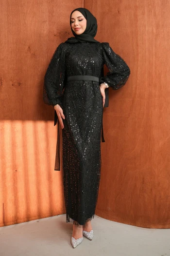 Siyah Boncuklu Payetli Kemerli Abiye