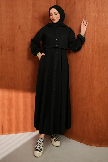 Siyah Ceket Kombinli Kot Elbise