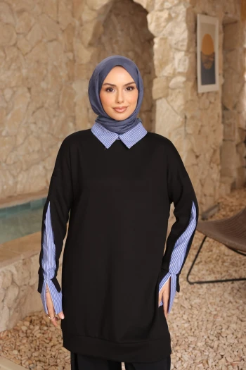 Siyah Çizgili Dokuma Modal Garnili Tunik