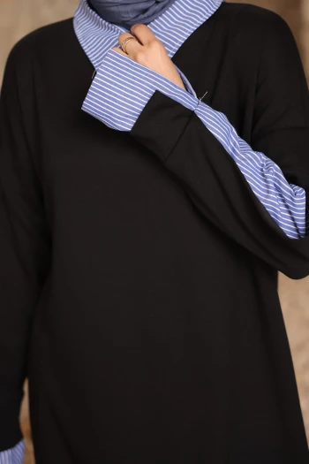 Siyah Çizgili Dokuma Modal Garnili Tunik