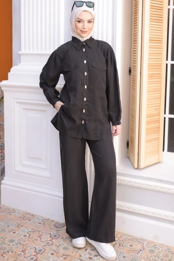 Siyah Düğmeli Ceket Pantolonlu Tensel Kot Takım