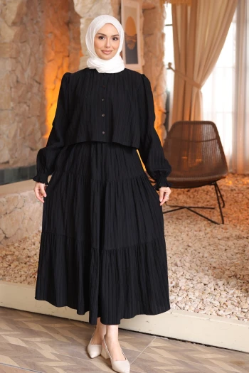 Siyah Düğmeli Gömlek Etekli Bürümcük Takım