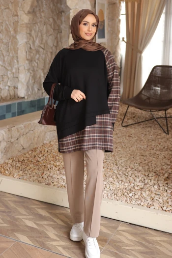 Siyah Ekose Garnili Modal Tunik