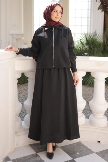 Siyah Fermuarlı Ceket Etekli Takım