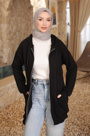 Siyah Kanguru Cepli Üç İplik Sweatshirt