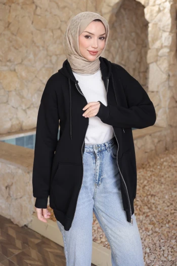 Siyah Kapşonlu Fermuarlı Üç İplik Cepli Hırka