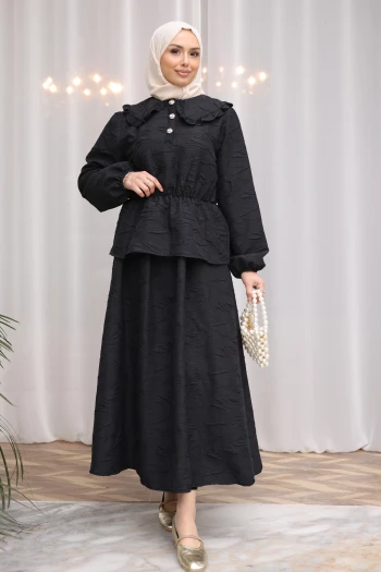 Siyah Kendinden Desenli Gömlek Etekli Takım