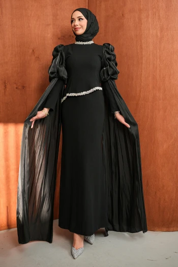 Siyah Kol Detaylı Taşlı Abiye