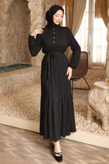 Siyah Kol Lastikli Düğmeli Bel Bağlamalı Gofre Elbise