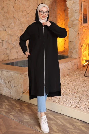 Siyah Kol Lastikli Kapüşonlu Tesla Kap