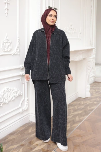 Siyah Lazer Kesim Kot Ceket Pantolonlu Takım