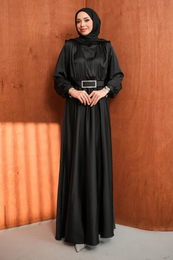 Siyah Mevlana Model Saten Tesettür Abiye