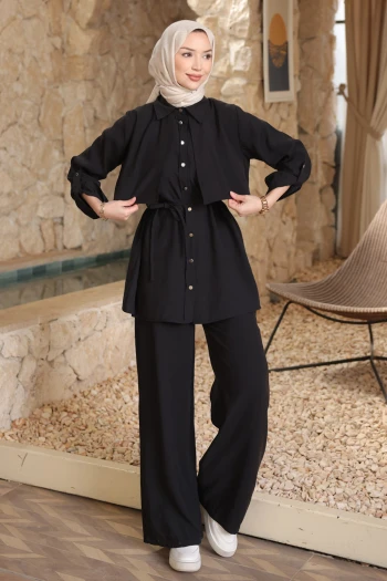 Siyah Önü Allerli Kolu Apoletli Tunik Pantolonlu Modal Takım