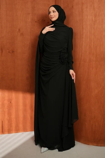 Siyah Önü Drapeli Büyük Beden Abiye