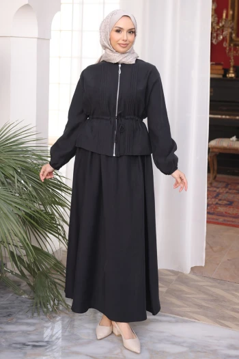 Siyah Önü Nervürlü Fermuarlı Ceket Etekli Takım