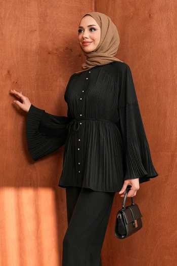 Siyah Piliseli Hakim Yaka Tunik Pantolonlu Krep Takım