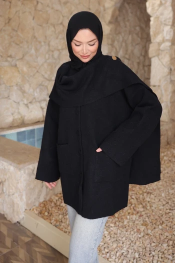 Siyah Şal Detaylı Düğmeli Angora Hırka