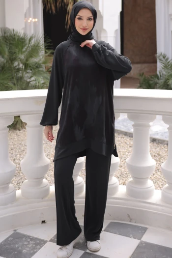 Siyah Tunik Fermuar Detaylı Pantolonlu Takım