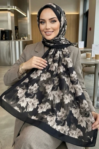 Siyah Vizon İpekhan Desenli Soft Dijital Şal