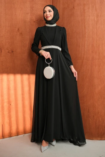 Siyah Yaka Detaylı Taşlı Abiye