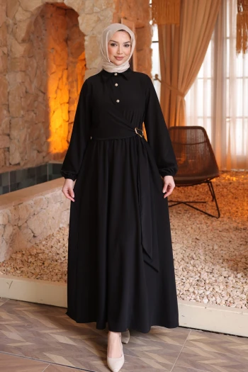 Siyah Yan Bağlamalı Kol Lastikli Elbise