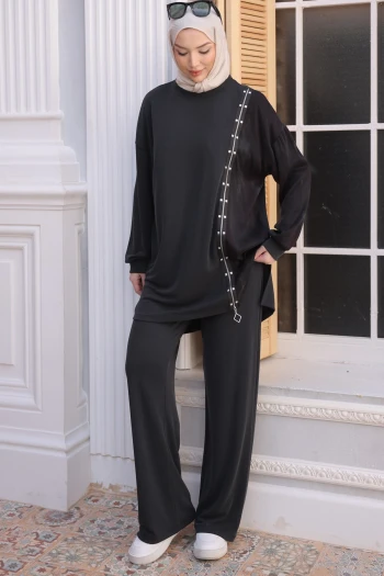 Siyah Yan Fermuar Detaylı Tunik Pantolonlu Takım