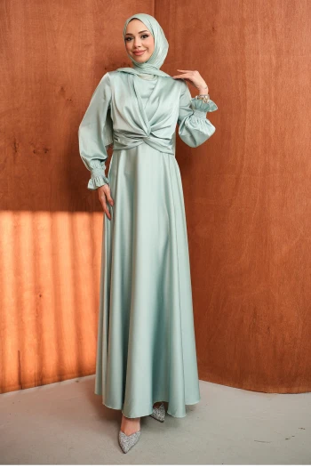 Su Yeşili Kol Gipeli Ön Detaylı Saten Abiye