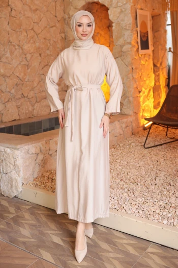 Taş Beli Kuşaklı Rayon Tencel Elbise