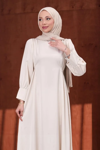 Taş Kol Düğmeli Beli Kuşaklı Saten Abiye