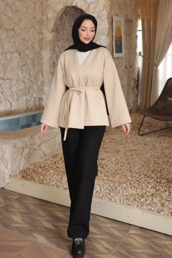 Taş Kuşaklı Scuba Kimono Ceket