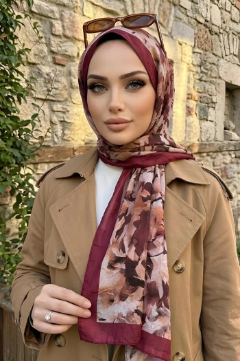 Vişne İpekhan Desenli Kraş Şal