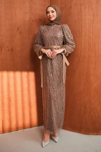 Vizon Boncuklu Payetli Kemerli Abiye