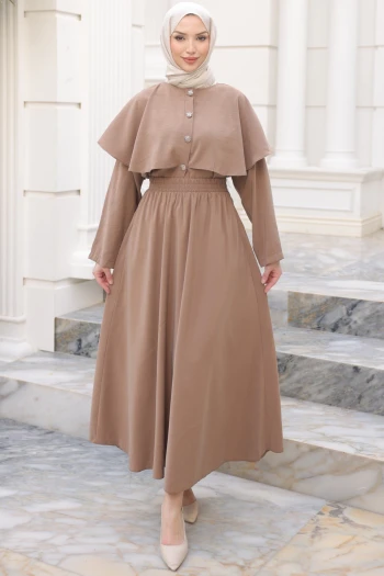 Vizon Düğmeli Pelerinli Gömlek Etekli Takım