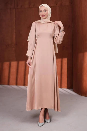 Vizon Kol Düğmeli Beli Kuşaklı Saten Abiye