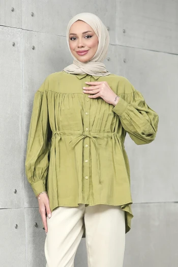 Yağ Yeşili Bel Bağlamalı Modal Salaş Tunik