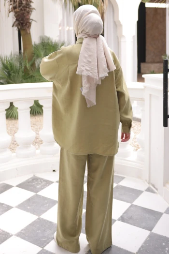 Yağ Yeşili Cepli Tunik Pantolonlu Tensel Takım