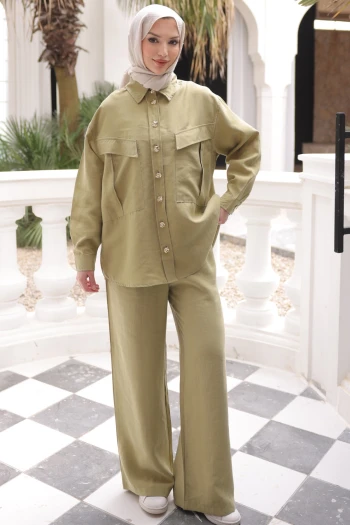 Yağ Yeşili Cepli Tunik Pantolonlu Tensel Takım