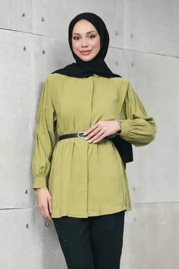 Yağ Yeşili Gizli Patlı Belden Kemerli Modal Dokuma Tunik