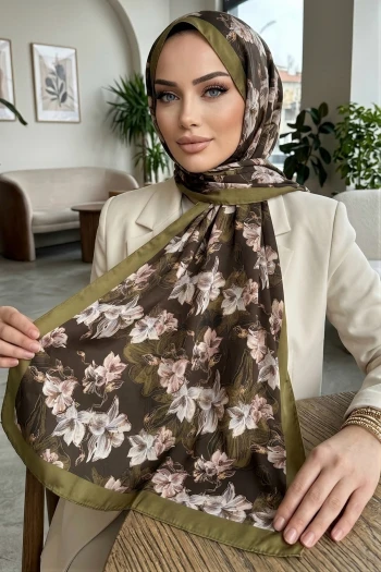 Yağ Yeşili İpekhan Desenli Soft Dijital Şal