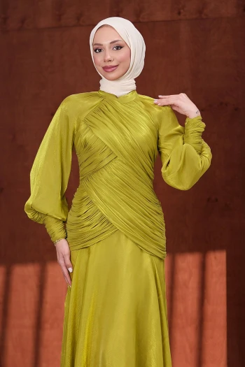 Yağ Yeşili Önü Drapeli Balon Kol Işıltılı Abiye