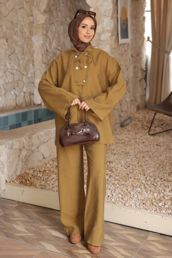 Yağ Yeşili Yaka Detaylı Tunik Pantolonlu Takım