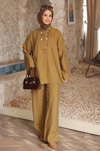 Yağ Yeşili Yaka Detaylı Tunik Pantolonlu Takım