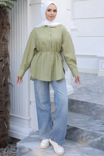 Yeşil Bel Bağlamalı Düğmeli Tunik