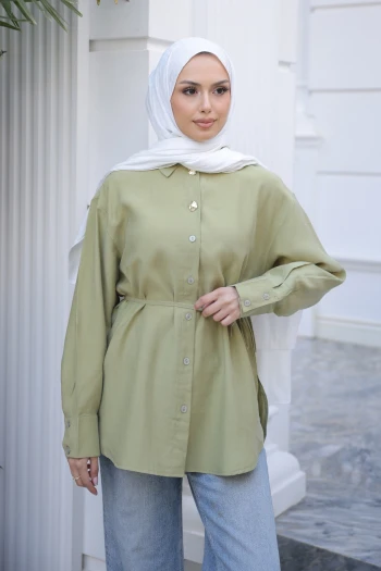 Yeşil Bel Bağlamalı Düğmeli Tunik