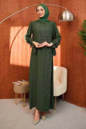 Yeşil Bisiklet Yaka Taş İşlemeli Abiye